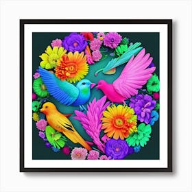 Colorful Birds And Flowers 1 Art Print