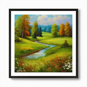 Canada's forests. Dirt path. Spring flowers. Forest trees. Artwork. Oil on canvas.3 Art Print