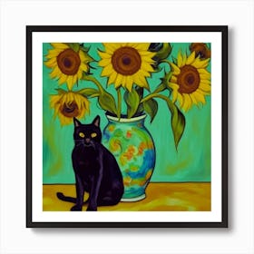 Vase With Three Sunflowers With A Black Cat, Van Gogh Inspired Art Print