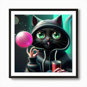 Black Cat With Bubble Gum Art Print