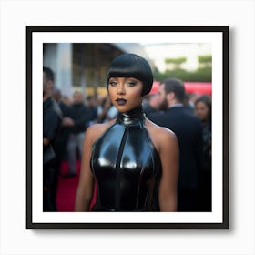 A Sexy Black Woman In A Black Latex Dress With A Bob Haircut Portrait Mode On the Red Carpet- Created by Midjourney Art Print