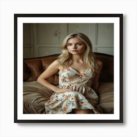 A Beautiful Blonde Girl Model On A Sofa Art Print