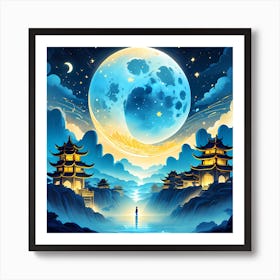 Chinese Landscape With Moon Art Print