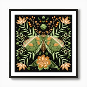 Whimsical green butterfly with summer flowers Art Print