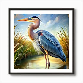 Great Blue Heron Standing In Water With Sun Setting Behind It Art Print