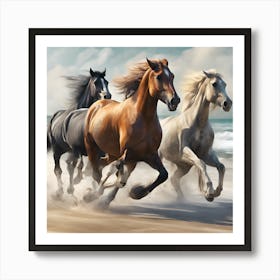 Three Horses Running On The Beach Art Print