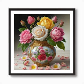 Roses in Antique fuchsia jar 6 Art Print