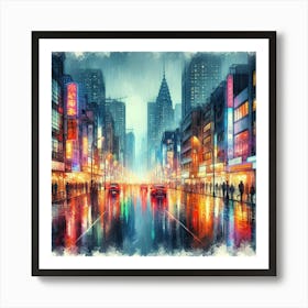 Rain Soaked Cityscape With Neon Lights Reflecting On Wet Pavement (3) Art Print