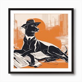 A Silhouette Of A Dog Wearing A Black Hat And Laying On Her Back On A Orange Screen, In The Style Of Art Print