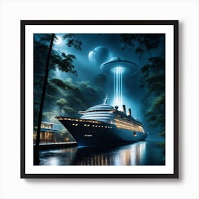 Alien Spacecraft Landed In A Moonlit Forest On A Rainy Night Glowing Interior Lighting Up The Misty Art Print