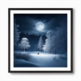 Snowy Forest At Night Art Print