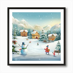 Winter Village With Snowman Art Print