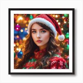 Christmas Girl In Santa Hat Art Print