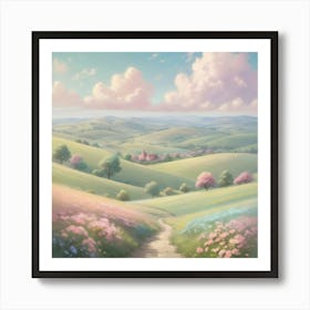 Soft and dreamy pastel-colored landscape with rolling hills, fluffy clouds, and blooming flowers. The scene should be whimsical and gentle, evoking a sense of peace and serenity. 1 Art Print