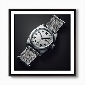 Silver Watch On A Black Background Art Print