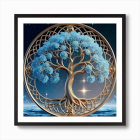 Blooming Skybluebluegold Tree Of Life In Silve (3) Art Print