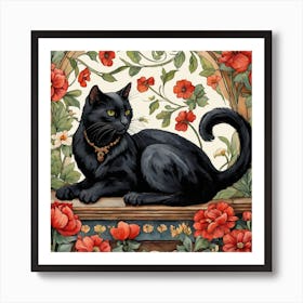 Black Cat Flowers William Morris Style (13) Art Print