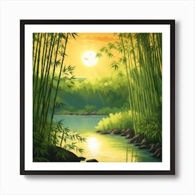 A Stream In A Bamboo Forest At Sun Rise Square Composition 48 Art Print