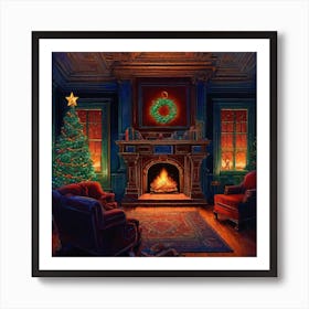 Christmas Presents Under Christmas Tree At Home Next To Fireplace Centered Symmetry Painted Intr (2) Art Print