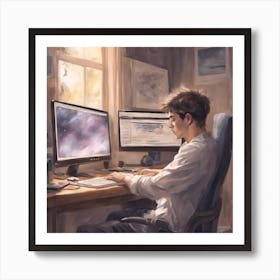 A Young Man Is Sitting At The Computer, Sleeping Art Print