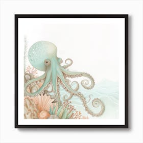 Storybook Style Octopus Exploring The Ocean 2 Art Print