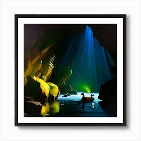 Two ducks floating in cave  Art Print