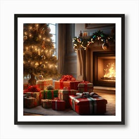 Christmas Presents In Front Of Fireplace 19 Art Print