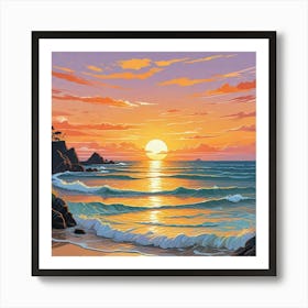 A Painting Of A Sunset With Seagulls Flying Above The Ocean (3) Art Print