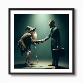 Businessman Shaking Hands With A Wizard Art Print