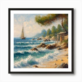 Sailing Boat On The Beach, Acrylic Painting Style Art Print