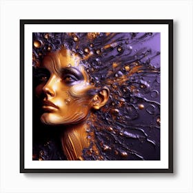 An Abstract Face Portrait Of A Woman - An Embossed Artwork In Deep Purple, and Orange. Art Print