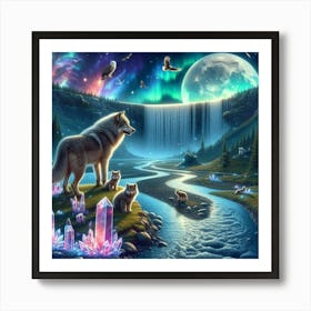 Wolf Family by Crystal Waterfall Under Full Moon and Aurora Borealis Magic Art Print