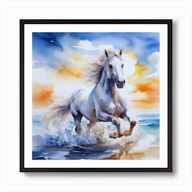 White Horse Running On The Beach Painting Art Print