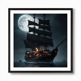 Pirate Ship At Night Art Print