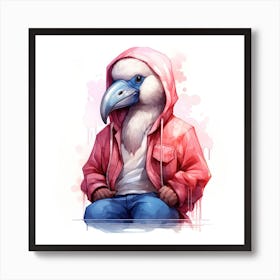 Watercolour Cartoon Flamingo In A Hoodie 2 Art Print