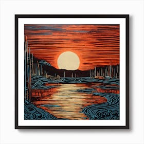 Sunset Over The River Linocut Illustration Art Print