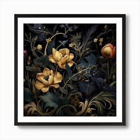 Golden Flowers and Buds on a dark background Art Print