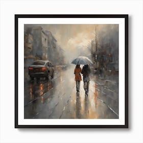 Two People Walking In The Rain Art Print