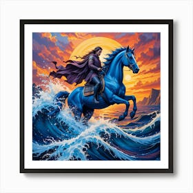 Blue Horse At Sunset*Knight defies the waves of the sea * Poster