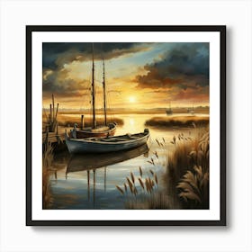 sunset on an old boat on the Broads. Art Print