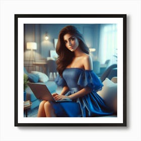 Beautiful Woman In Blue Dress Using Laptop 2 Art Print