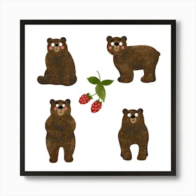 Set of brown bears with raspberries Art Print