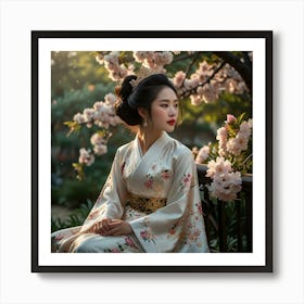 Amidst The Blooms Of A Cherry Garden Art Print