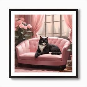 Cat Nap Tuxedo Cat Napping In Pink Interior Art Print 7 Art Print