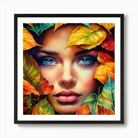 Autumn Leaves On A Woman Face Art Print