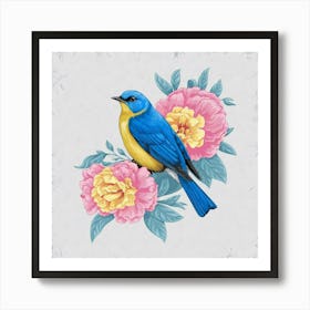 Bluebird On Peonies Art Print