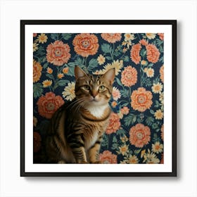 Cat In Front Of Floral Wallpaper Art Print