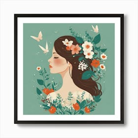 Woman With Flowers And Butterflies Art Print