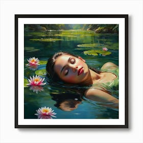 A gracefully floating water nymph, her delicate form surrounded by a tranquil garden of ethereal water blossoms. The petals of these flowers convey a range of emotions, shifting gently with the breeze that ripples through the crystal clear water. The aquatic stems showcase a vibrant array of colors, dazzling the eyes with their beauty. This captivating scene is depicted in a stunningly detailed painting, where every aspect is brought to life with rich and vibrant hues against green surroundings, crossing reality and illusion, highly detailed, cinematic scene, dramatic lighting, ultra realistic 3 Art Print