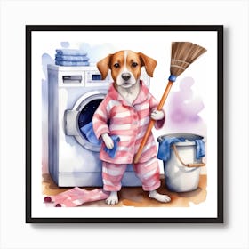 Cute Dog In Pajamas Doing Laundry Art Print